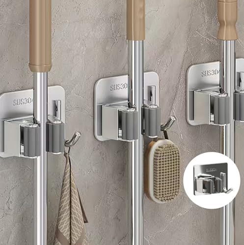 PUERFOCA 6 Stück Besenhalterung Wand Selbstklebend, Besenhalter Ohne Bohren Gerätehalter, mit Haken Edelstahl Mop Halter Halterung Besen Kleben für Küche, Badezimmer, Balkon, Garten(Silber)