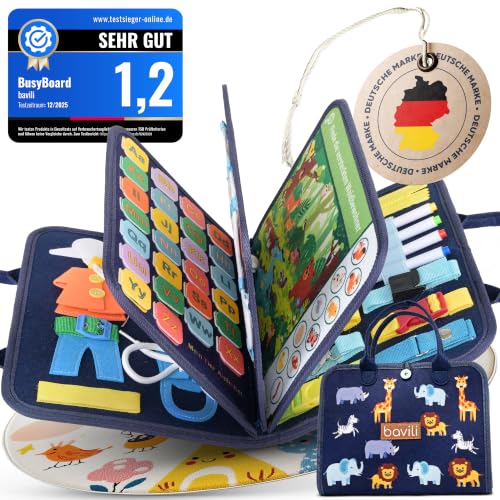 bavili - Montessori Busy Board ab 3 Jahre - 8 interaktive Seiten mit Deutschen Inhalten - Montessori Spielzeug Activity Board Quiet Book - Lernspielzeug für Auto und Flugzeug - fördert Motorik