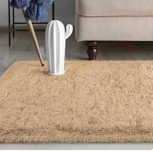 Image of Modern Shaggy Round Rug | Ultra-Soft Plush Circle Carpet for Living Room, Bedroom, Nursery | Fuzzy, Fluffy Area Rug with Non-Slip Base Beige 5x5 feet