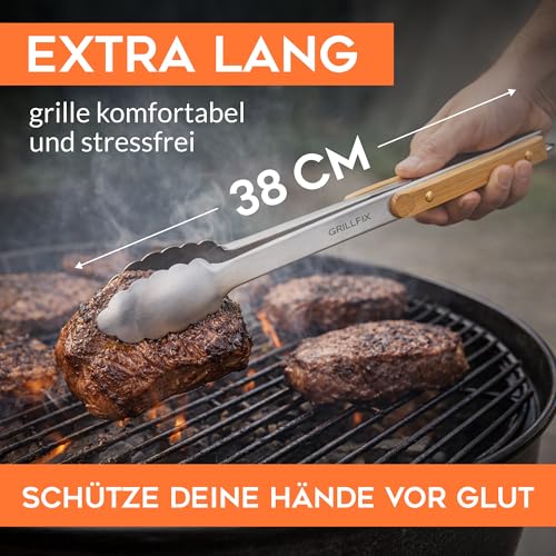 GRILLFIX BBQ Grillbesteck Set 3-teilig – Grillzange Edelstahl 38 cm mit Holzgriff, Grillmesser & Fleischgabel, extra Lange Küchenzange Kochzange für Grill, Küche, Papa Geschenk Vatertag 2