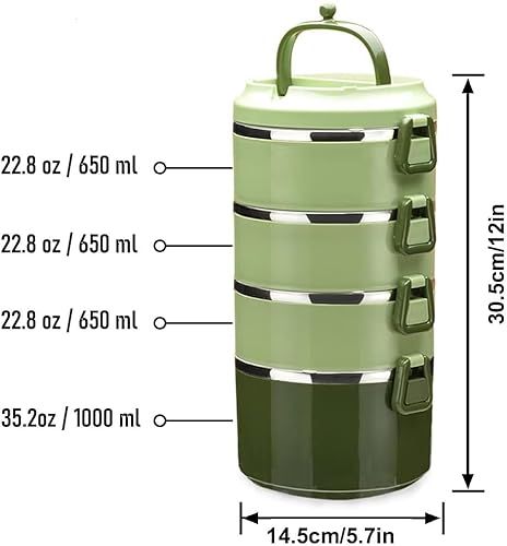 Miniatura 6 de SANQIAHOME Lonchera apilable de acero inoxidable de 4 niveles sellada (verde, 4 capas) con cuchara y tenedor