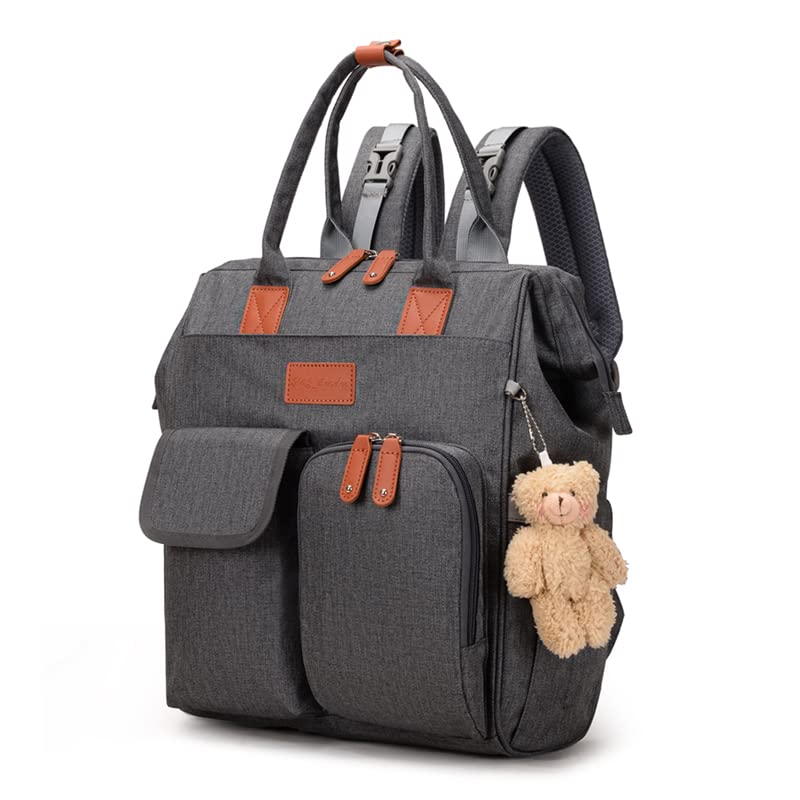 K&S_London Bolsa cambiadora de pañales de gran capacidad, mochila impermeable con bolsillos aislados para botellas, clips para cochecito, juguete suave y puerto USB (gris), gris