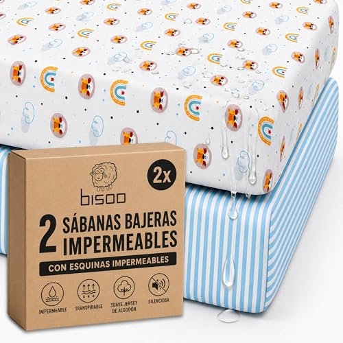Bisoo Sabana Magica 50x83 Leones + Rayas Azules Bajera Impermeable Minicuna