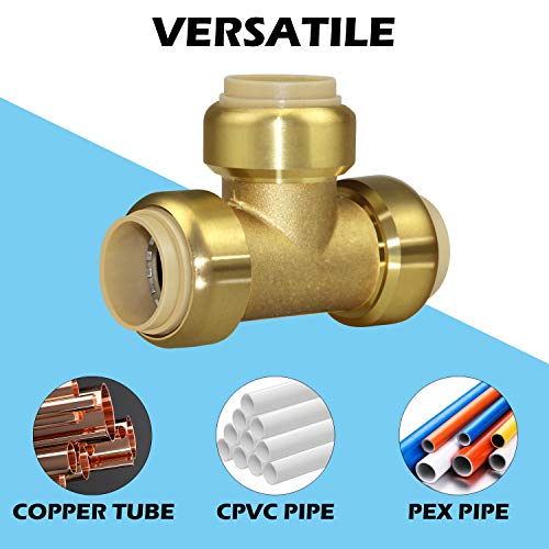 (6-Pack) 1/2-Inch Push-to-Connect Plumbing Tee Fittings,Pushfit Tee Pipe Fitting with 1/2\" Disconnect Clip, Brass Pushfit T Fittings Plumbing Pipe Connector for PEX tubing, Copper, CPVC