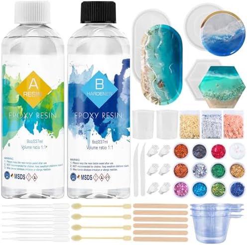 Epoxy Resin Set Beginners 474 ml/16 oz Crystal Clear Casting Resin with Coaster Shape, Epoxy Resin Casting Set for DIY Jewellery Making Crafts with 3 Gold Foils, 12 Glitter, Measuring Cups and More : Amazon.de