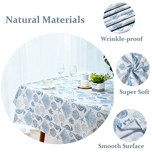 Coastal Fabric Tablecloth Nautical Seahorse Coral Print Waterproof Table Cloth For Rectangle Tables Beach Seashell Starfish Decor For Kitchen Dining Room Oblong Table Covers,60X84 Inches, Blue White #TOP2