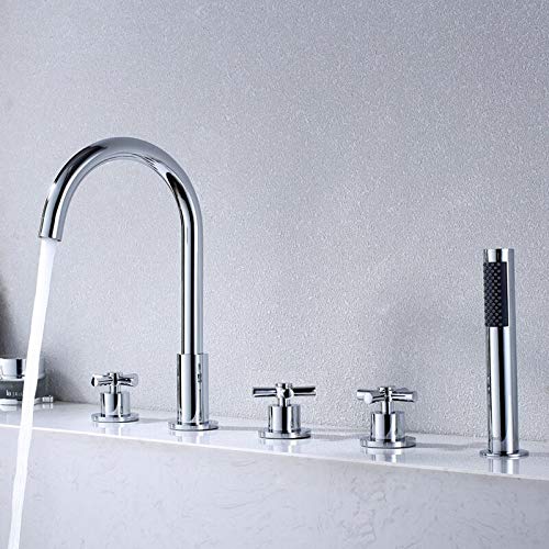 VDOQTLJT Bathtub Mixer Faucets Triple Handle Bath Tub Deck Mounted 5 Hole Water Crane Cold and Hot with Hand Shower Black Chrome Gold(Sliver)