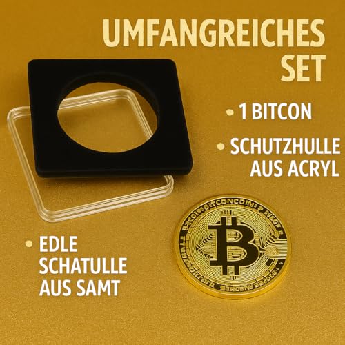 PfX Krypto Bitcoin Münze [mit 24-Karat Echt-Gold überzogen] inklusive edlem Plexiglas Münz-Etui