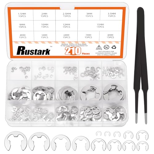 Rustark 211 peças 14 tamanhos 304 anéis de retenção externos E-Clip de aço inoxidável, kit sortido d