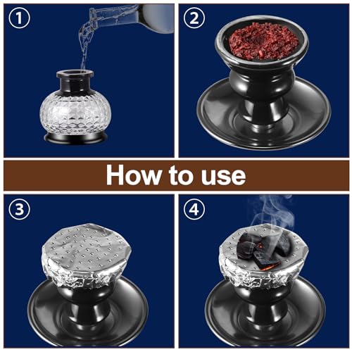 XPNLF Shisha Komplett set mit 2 Schläuchen,12''Shisha Kit mit Keramikschüssel,Premium-Schlauch,Schöne Glasvase,50 Shisha Folie,20 Shisha Tips (schwarz) – Bild 5