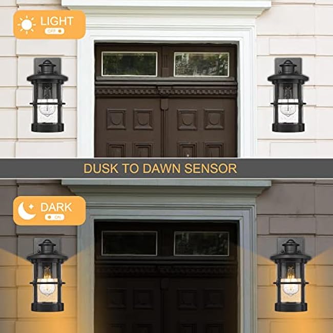 Outdoor Wall Sconces, Dusk to Dawn Outdoor Lights, Exterior Wall Mount Lighting, Entryway Light Fixture in Black Finish with Seeded Glass
