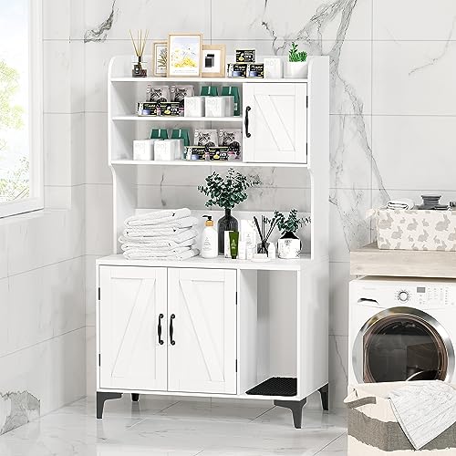 Hidden Cat Box Enclosure with Shelf Storage, Sturdy Wood Cat Washroom Furniture, White