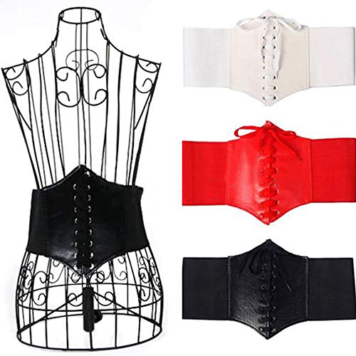 Women Girls Elastic Wide Band Elastic Tied Waspie Corset Waist Belt Bustiers Halloween Corsets Retro Stretch Ladies Waist Belt for Dresses White2
