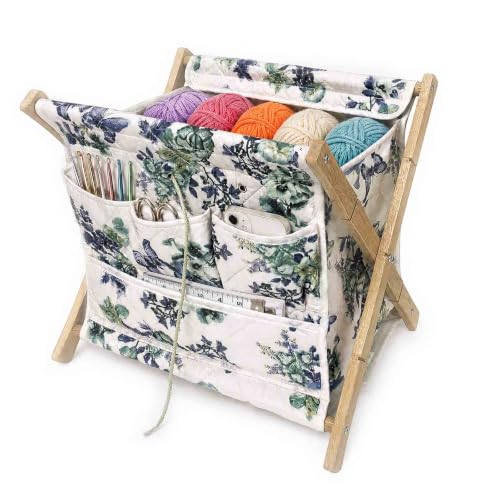 Image of Gkesgm Yarn Caddy Organizer with 6 Thread Holes | Bamboo Quilted Padded Knitting Storage Basket for Crochet Hooks, Knitting Needles, and Craft Accessories