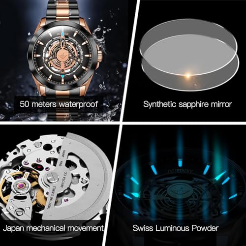 Image of OUPINKE Watch for Men Skeleton Self Winding Mechanical Automatic Luxury Dress Black Wrist Watch Waterproof Luminous Tungsten Sapphire Crystal