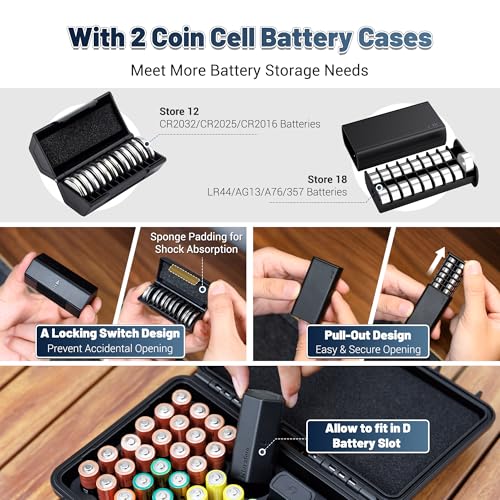 Image of Hard Shell Battery Organizer Holder with Small Battery Tester, IP68 Waterproof Multi 82 Slots Batteries Vault Case for 40 AA & 12 AAA & 12 CR2032 CR2025 & 18 LR44 Button Cell /2 D Size Batteries Case