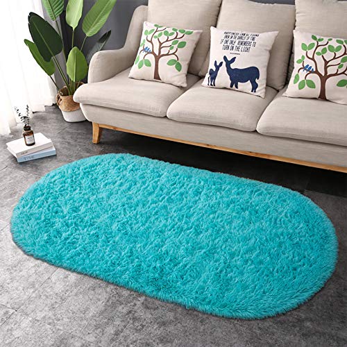 Junovo Oval Fluffy Ultra Soft Area Rugs For Bedroom Plush Shaggy Carpet For Kids Room Bedside Nursery Mats, 2.6 X 5.3Ft, Teal Blue #TOP4