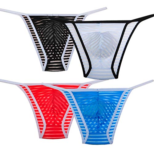 Men's See Through Cheeky Briefs Underwear Sexy Stripe Mesh String Bikini Briefs