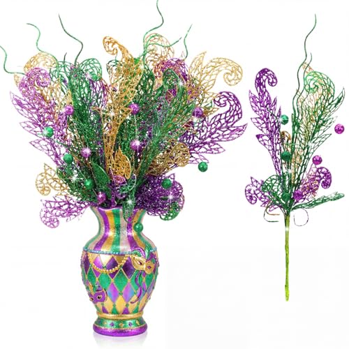 Knitgrip 8 Pcs Mardi Gras Decorations Mardi Gras Centerpieces Picks Purple Green Gold Floral Picks and Sprays Artificial Twig Branch for Tree Topper Arrangement Wreath Party Vase Filler