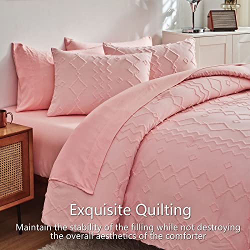 Aikasy Coral Pink Tufted Bed In A Bag Queen,Geometry Embroidery Comforter Set 7 Pieces，Boho Shabby Chic Comforter Bedding Sets, Soft Microfiber Comforter For All Seasons (Coral Pink, 90"X90") #TOP2