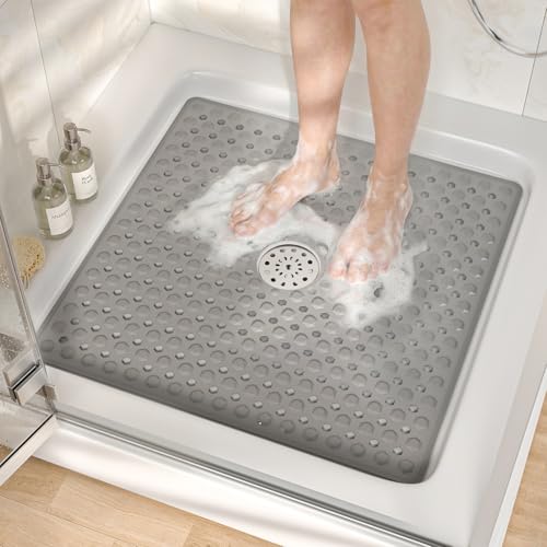 HITSLAM Non Slip Shower Mat, Square Bathtub Mat, 24x24 Inch, Grey