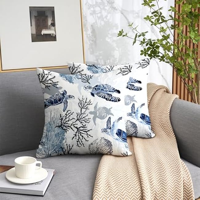 weesire Nautical Coastal Throw Pillow Covers Set of 2 Beach Themed Ocean Coral Sea Turtle Decorative Pillow Cases Outdoor Sofa Cushion Cover for Bedroom Living Room, 18x18, Blue