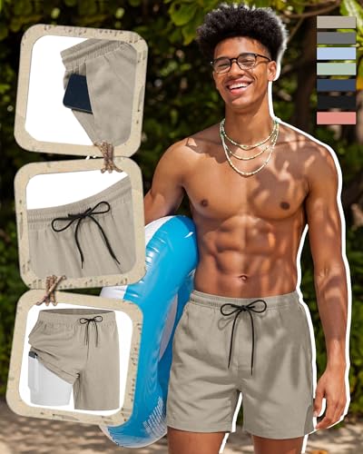 Image of August Alley Men's Linen Shorts with Liner Summer 5 Inch Casual Elastic Waist Drawstring 2 in 1 Beach Shorts with Pockets
