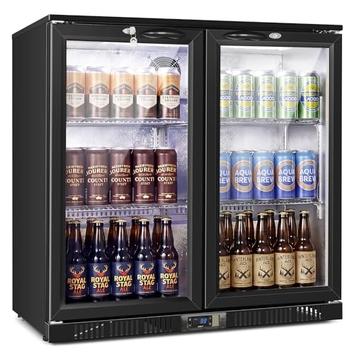 Image of 35.42 inch W Commercial Under Counter Beverage Refrigerator, 2 Glass Door Back Bar Cooler, Built-in /Freestanding 7.4Cuft Drink Fridge with LED Light, Auto Defrost, Low-E Glass & Safety Lock, Rebound door