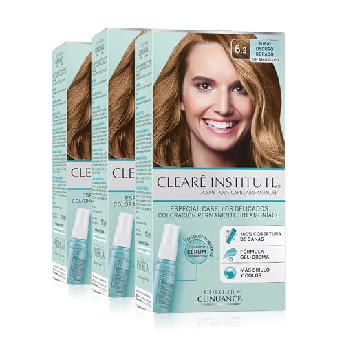 Clearé Institute | Colour Clinuance | Coloración Capilar Permanente Sin Amoniaco | Tinte de Pelo 100% Cobertura de Canas, Incluye Sérum Capilar | Método Curly | 6.3 Rubio Oscuro Dorado | Pack de 3