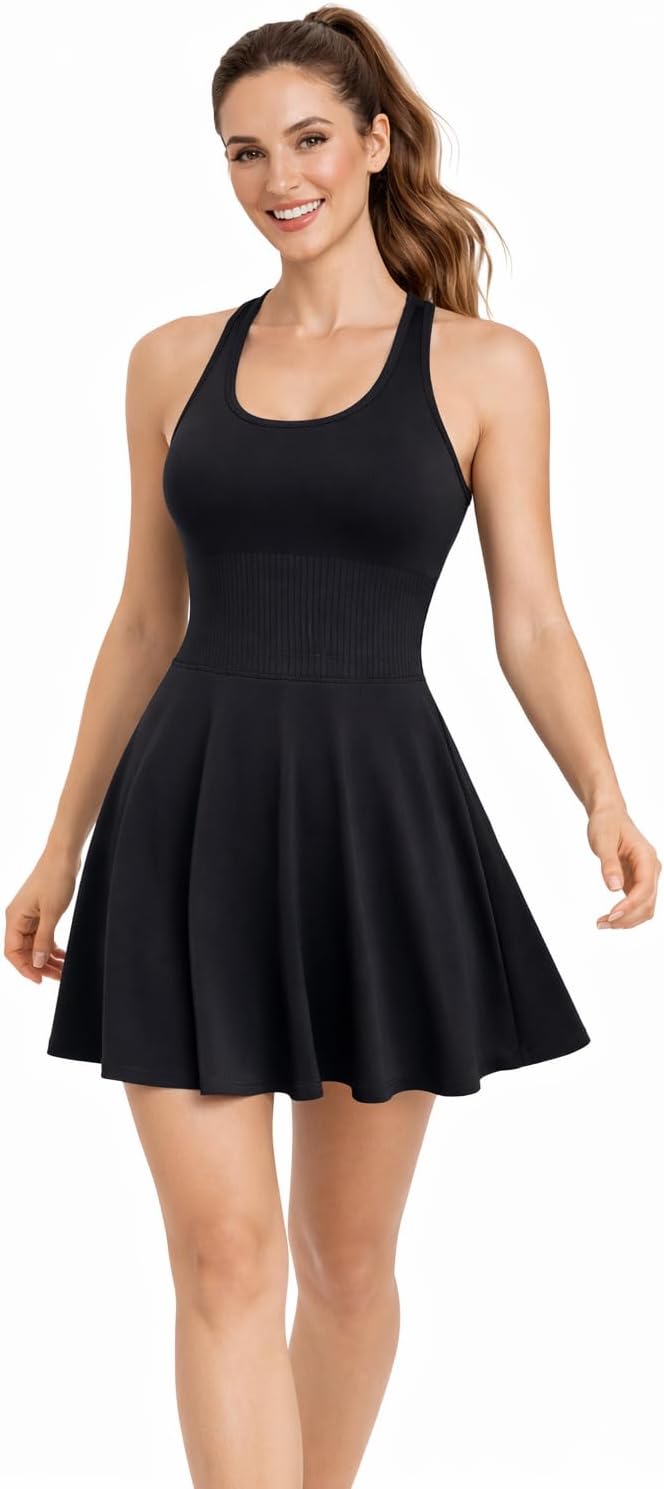 Harmony & Balance Women's Ribbed Tennis Dress, 4-Way Stretch, Quick-Dry Athletic Dress with Compression Shorts Underneath
