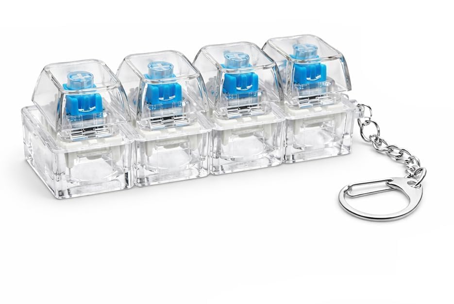 4-in-1 Mechanical Keyboard Fidget Keychain – Blue Switch Clicky Buttons with Clear Case – Portable Stress Relief Toy & Desk Accessory – Anxiety, and Office Professionals