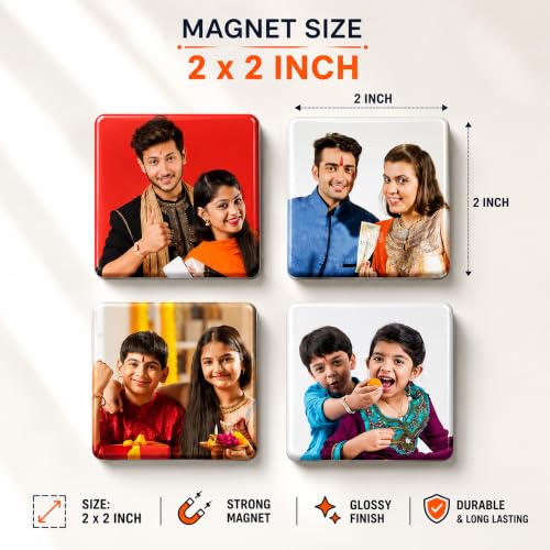 Image of Art Street Personalized Metal Photo Fridge Magnets With Optional Rakhi | Customized Strong Magnetic Fridge Magnet Pictures For Raksha Bandhan Brother Sister HD Print Waterproof (Set of 4, 2x2 Inch)