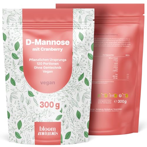 D-Mannose Pulver mit Cranberry - 300g optimal hochdosiert & auflösbar in Wasser - 120 Tage Vorrat, blasenentzündung vegan und Produziert in Deutschland