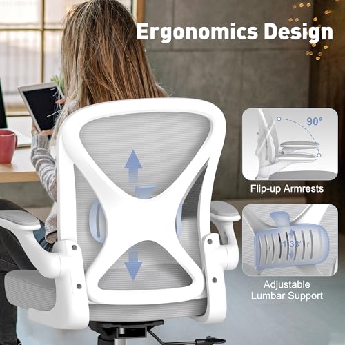 Image of Ergonomic Office Chair with Adjustable Lumbar Support, 300 lbs Swivel Desk Chair with Flip-Up Arms, Mesh Comfy Padded Seat for Computer and Home, Grey