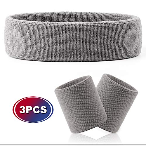 VENI MASEE Sweatband Set - Sports Headband Wrist Striped Sweatbands Terry Cloth Wristband Athletic Exercise Basketball Wrist Sweatband and Headbands Moisture Wicking Sweat Absorbing Head Band