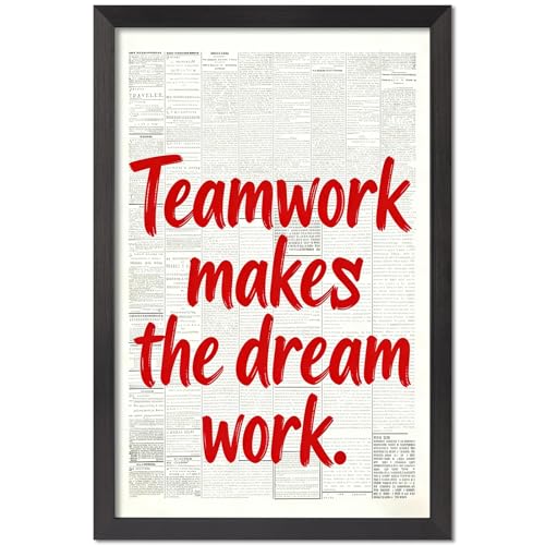 Teamwork makes the dream work Motivational Wall Art Poster Canvas Print Vintage Newspaper Red Teamwork Quote Positive Affirmations Office Gym Locker Room Home Decor 12X16 in Flat Black Framed
