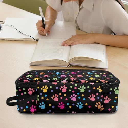 Image of Colorful Dog Paw Prints Pencil Case for Kids Large Penci Pouch,Wave Point Pencil Box for Boys Girls Daily Pencil Bag for Preschool Children Pencil Container for Students Teenagers