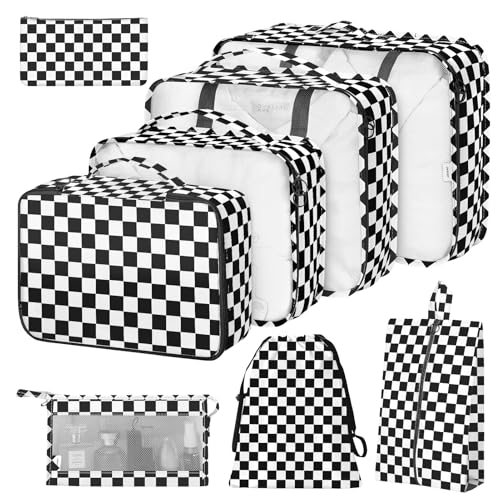 Image of 8 Set Packing Cubes for Suitcases,Packing Cubes with Shoe Bag, Cosmetics Bag, Clothing Bag, Accessories Bags Packing Cubes for Travel Luggage Organizer Women Men(Black White Checkered)