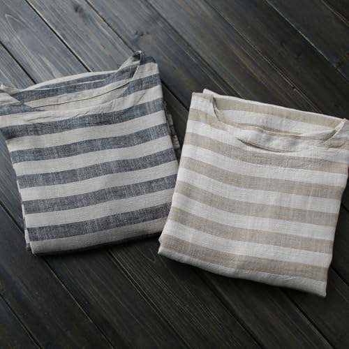 Image of LUZU JUNU Women Cotton Linen Caftan Robe Striped Casual Loose Bat Sleeve Long Maxi Dress