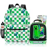 Minecraft Conjunto de mochila e lancheira – Mochila de videogame de 40 cm com lancheira isolada e adesivos, garrafa de água, mais | Mochila escolar Minecraft para crianças, meninos