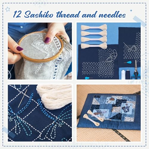 Image of Zeyune 12 Skeins White Sashiko Thread Kit 100% Cotton with Sashiko Needles 20m(21.8yds) Thread for Hand Quilting and Embroidery Projects Pick Stitching Denim