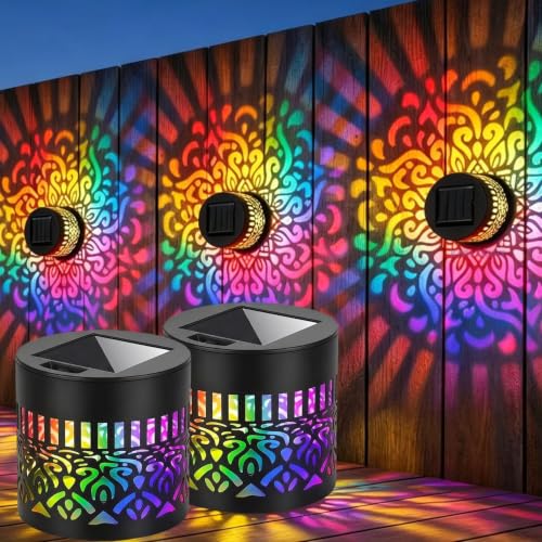 Image of Solar Mandala Lights Outdoor Wall, 7 Color Changing Solar Projector Light, Waterproof Metal Decorative Light for Garden Fence Patio (2.0)