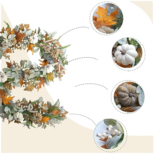 Image of Thanksgiving Fall Wreath, Eucalyptus Berries Pumpkins Lamb Ears Leaves Autumn Wreaths for Front Door, Fall Decor, Porch Wall, Home Outdoor Holiday Decorations (Pumpkin Garland)