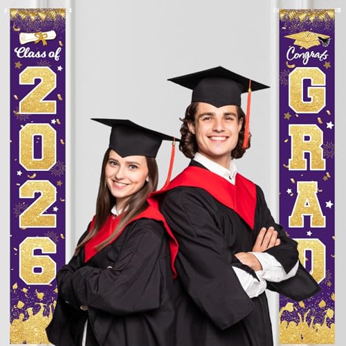 Image of 2026 Graduation Party Decorations - Purple Gold Class of 2026 Congrats Grad Porch Sign Banner Hanging Flag Graduation Party Supplies for School College Classroom Decor