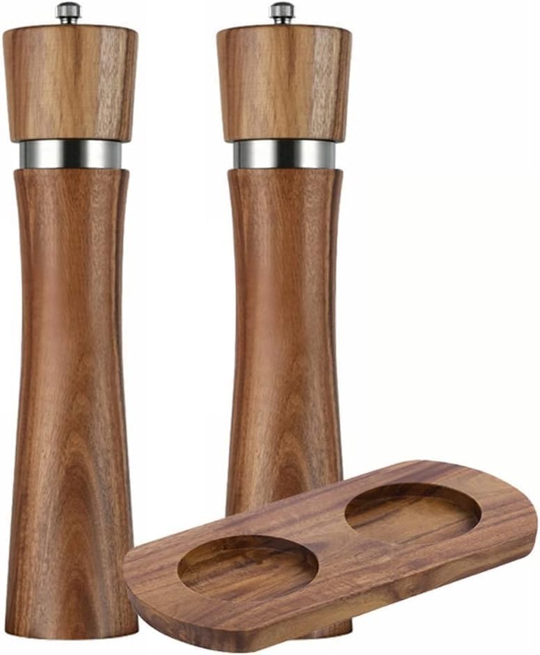 6/8/10 Inch Wooden Pepper Grinder Set with Wood Holder Manual Salt and Pepper Mills Spice Shaker Grinder Kitchen BBQ Tools(Small)