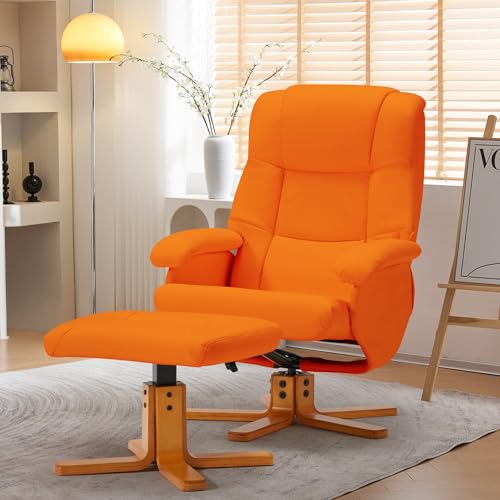 RICHRYCE Swivel Recliner with Ottoman, Reclining Chair and Footrest, PU Leather Upholstered Chair Ottoman Set with Wrapped Base for Living Room, Bedroom and Home Office, Orange