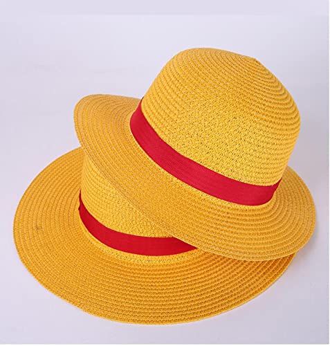 Image of Yellow Cosplay Straw Cap Anime Luffy Flat Hats One Piece Japanese Cartoon Props Hat Boy Girl Beach Sun Hat