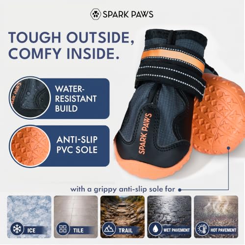 Image of Spark Paws 365 Dog Shoes - All-Weather Paw Protection | Winter Snow Boots & Summer Hot Pavement Booties for Dogs | All-Terrain, Water-Resistant, Black Orange - Size 1