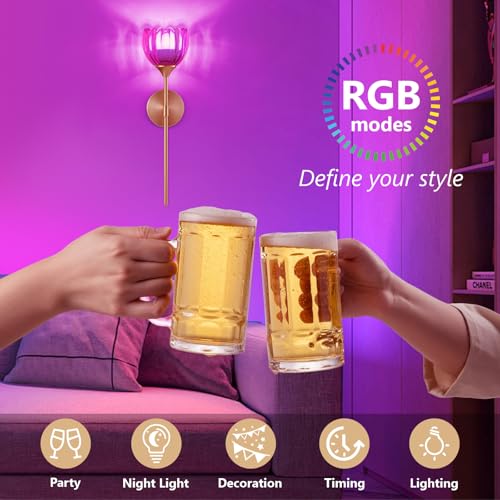 Image of Vintage Battery Operated Wall Sconce Set of 2, Amber Tulip Glass Lampshade Wireless 5300 mAh Rechargeable Battery Powered LED Wall Light with Remote Dimmable for Bedroom Bathroom Living Room