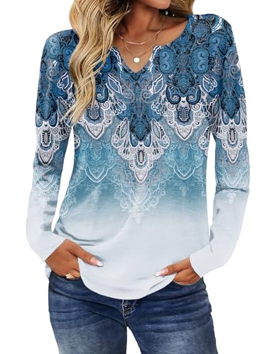 Image of Zeagoo Long Sleeve Shirts for Women Fall Tops Casual Dressy V Neck Blouses Boho Tunic Western Clothes Vacation Outfits